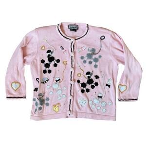 VTG Berek Pink Poodle Embroidered Rhinestone Beaded 3/4 Sleeve Cardigan Sweater